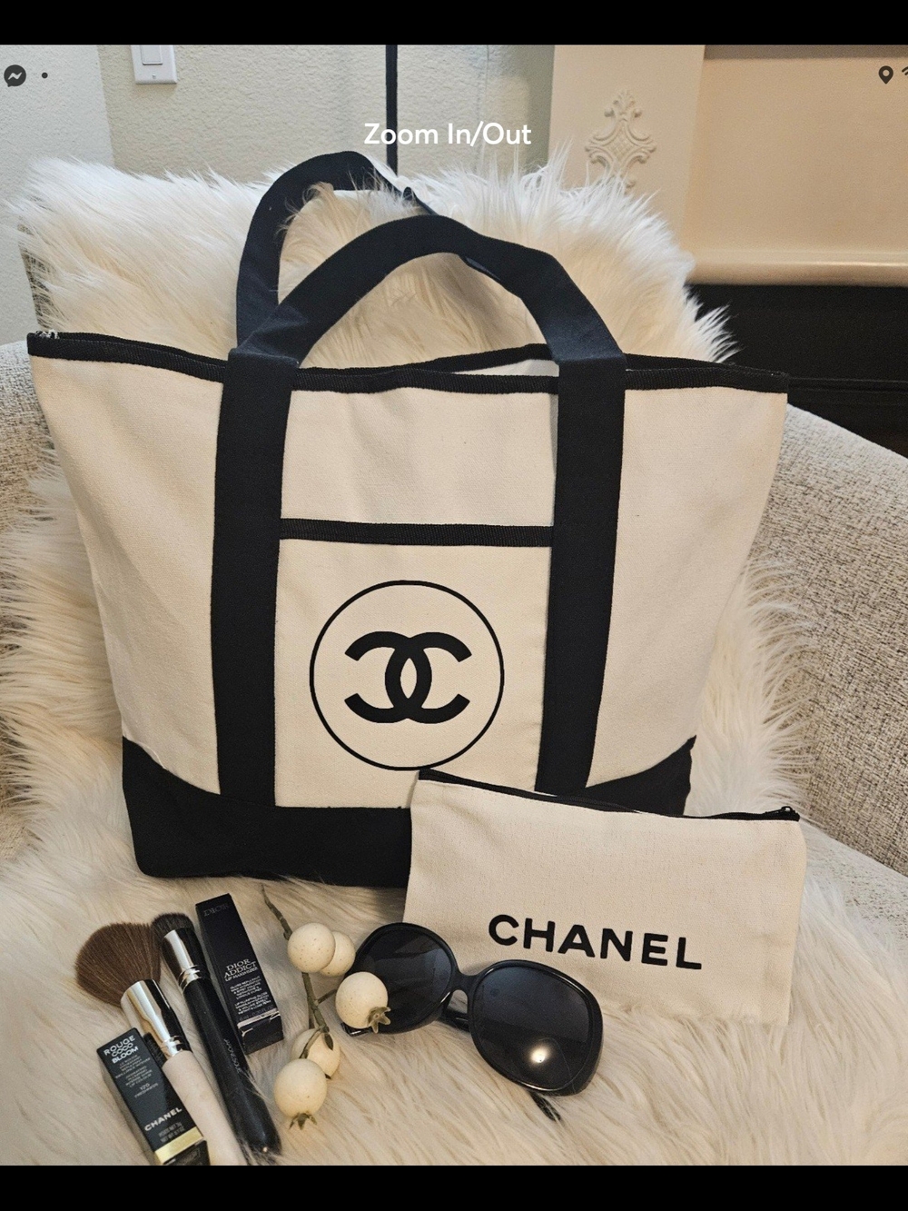 White and Black Canvas Tote with Pouch